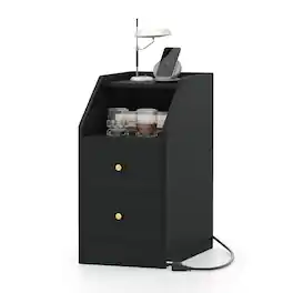 Costway - Side Table with Charging Station, Storage Drawers, Sofa Couch Table for Small Space - Black
