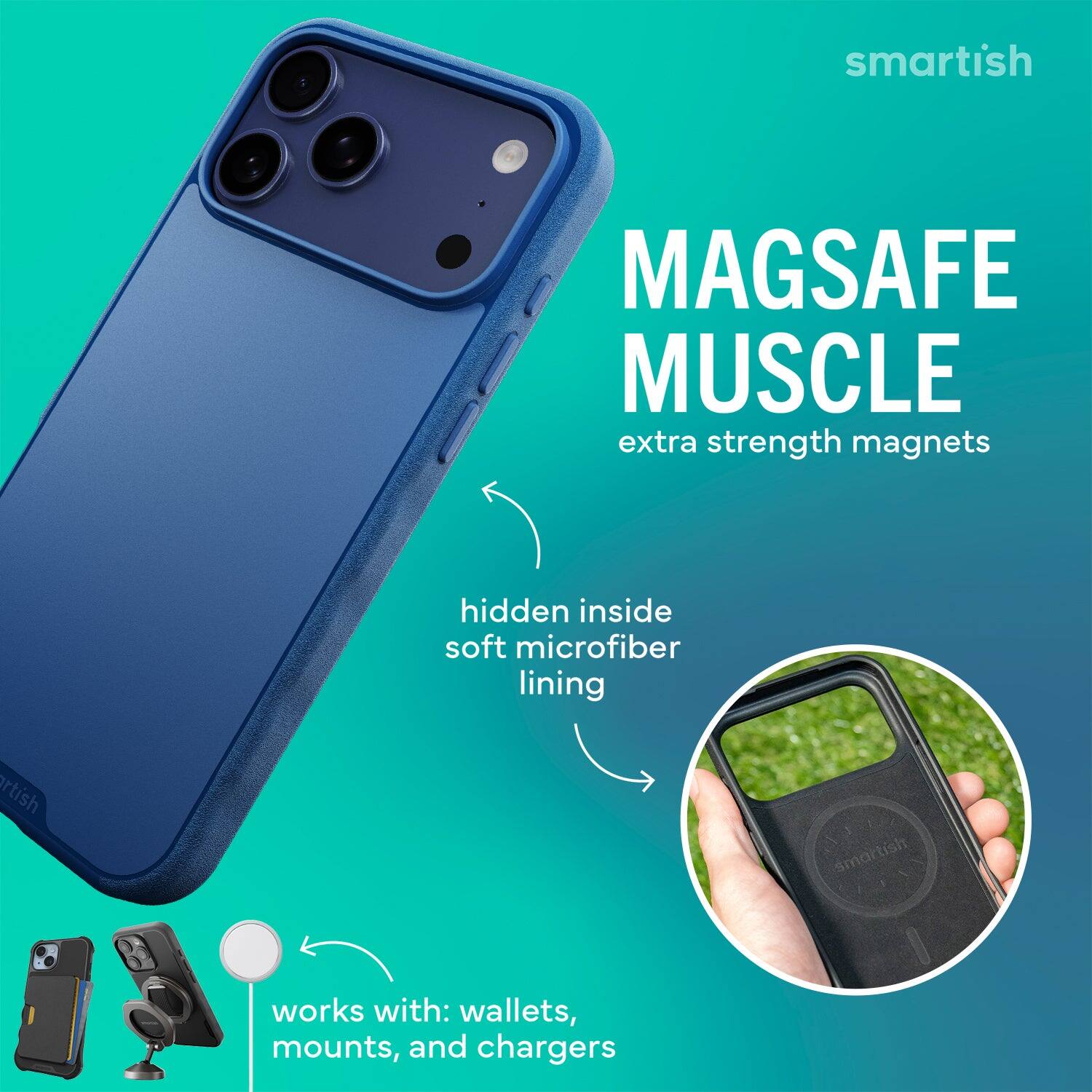 smartish MAGSAFE MUSCLE extra strength magnets hidden inside soft microfiber lining smartish works with: wallets, mounts, and chargers