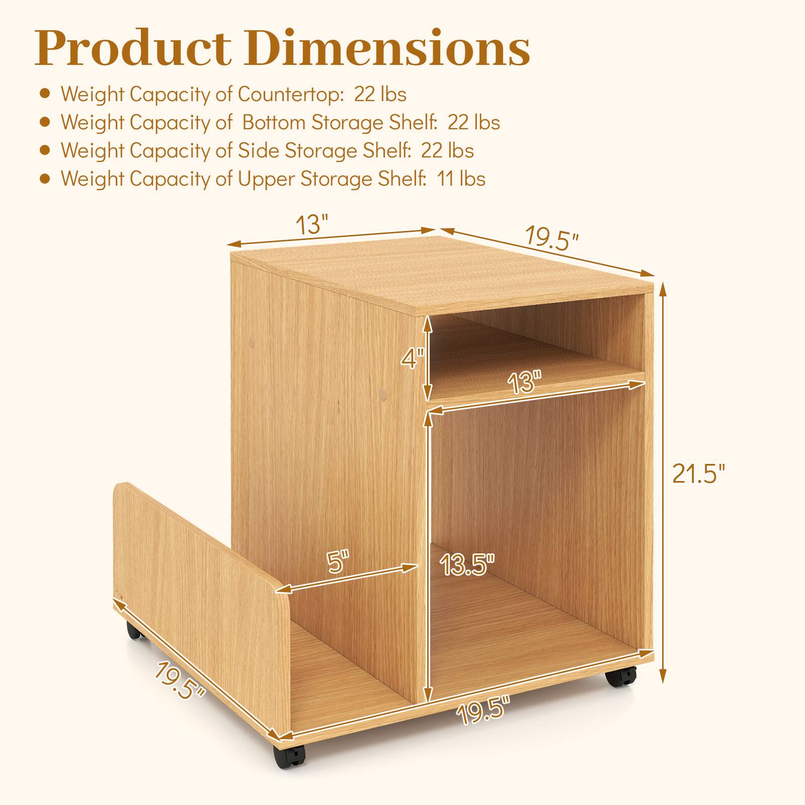 Product Dimensions

- Weight Capacity of Countertop: 22 lbs
- Weight Capacity of Bottom Storage Shelf: 22 lbs
- Weight Capacity of Side Storage Shelf: 22 lbs
- Weight Capacity of Upper Storage Shelf: 11 lbs

13" 19.5" 4" 13" 21.5" 5" 13.5" 19.5" 19.5"