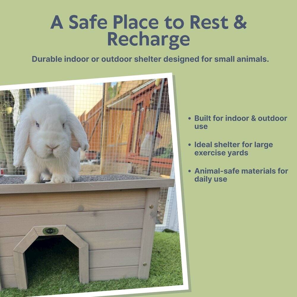 A Safe Place to Rest & Recharge

Durable indoor or outdoor shelter designed for small animals.

- Built for indoor & outdoor use
- Ideal shelter for large exercise yards
- Animal-safe materials for daily use

TRIXIE