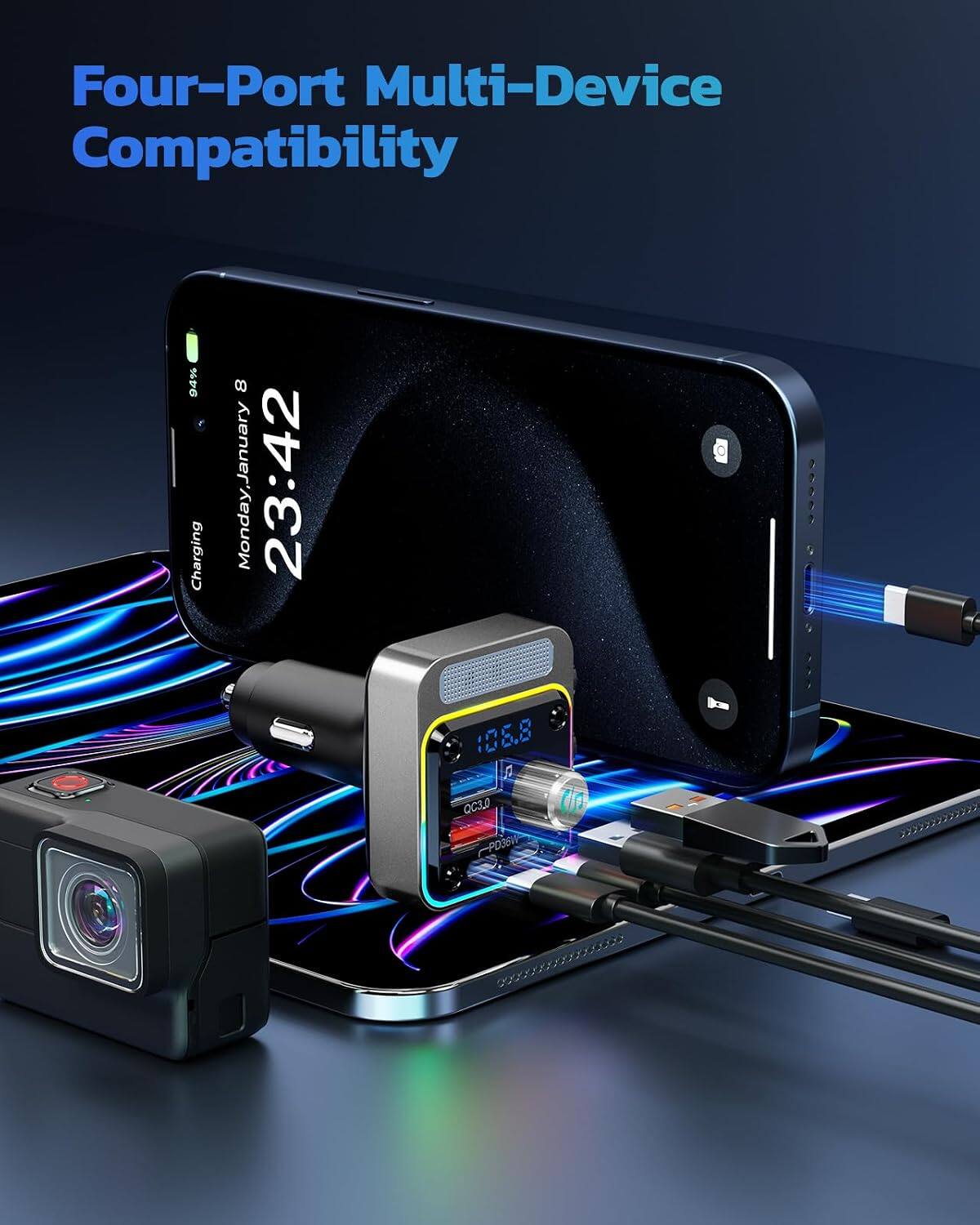 Four-Port Multi-Device Compatibility

94% Charging

8 Monday, January 23:42

106.8

QC3.0 PD36W