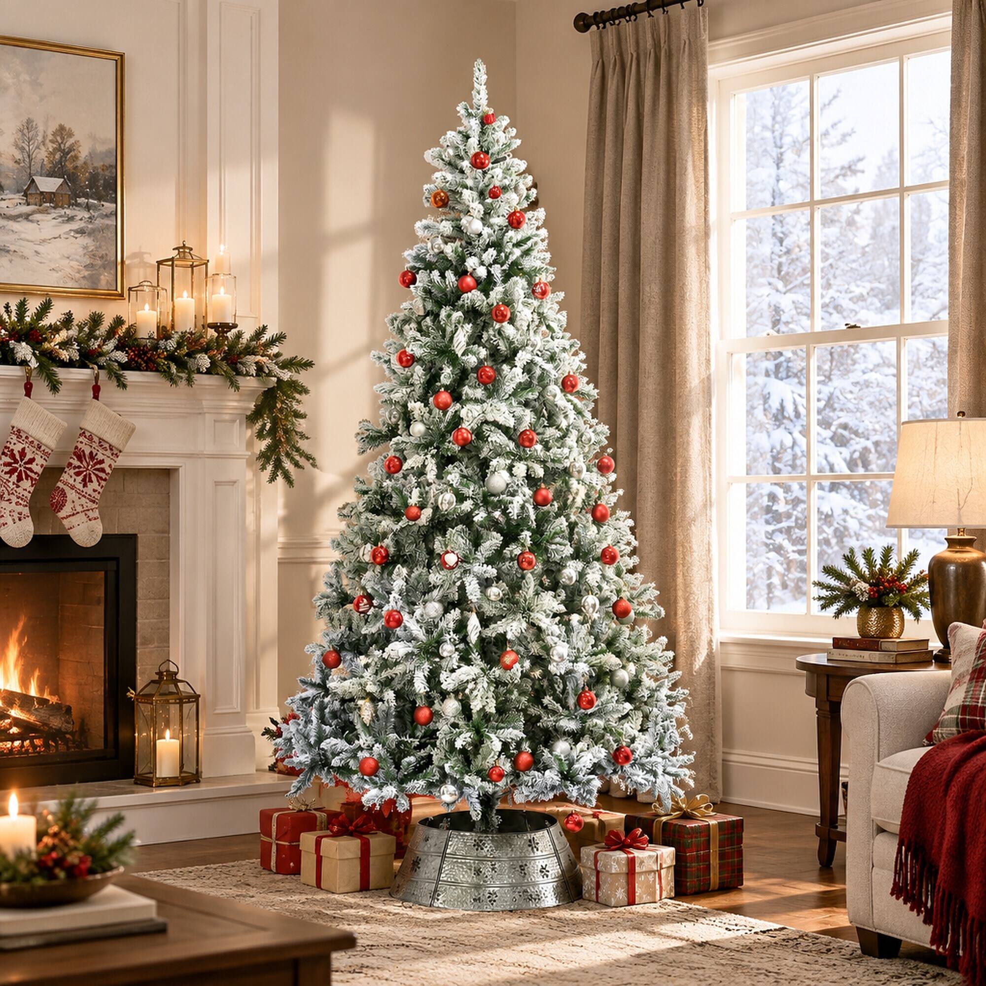 Left. RYHNUYNE - 9 Ft Unlit Snow Flocked Pine Green Christmas Tree With Realistic Branches,Hinged Design Metal Stand Easy Assembly - Green.