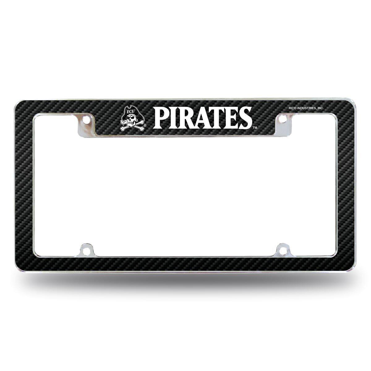 East Carolina Pirates Chrome Metal License Plate Frame with Carbon Fiber Design