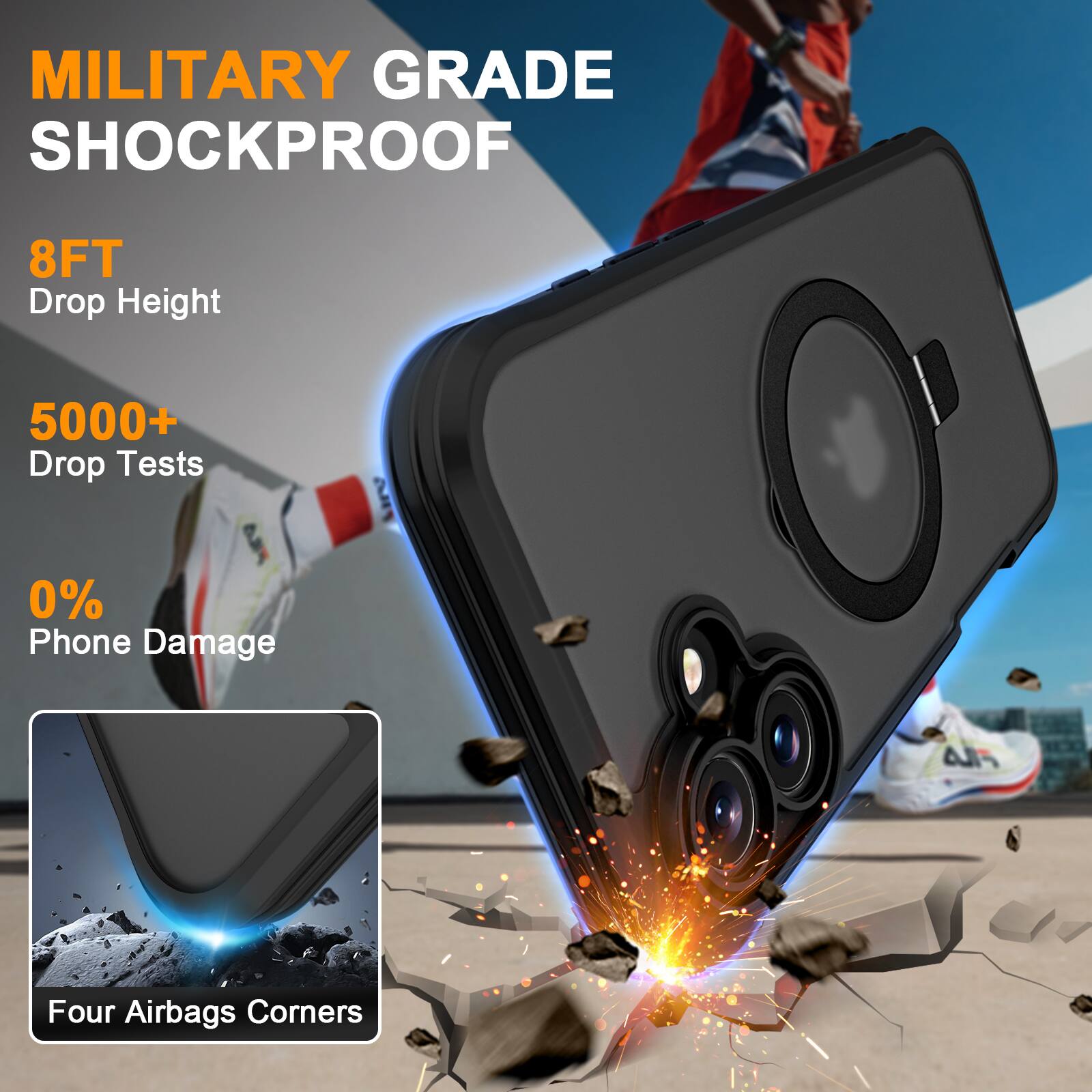 MILITARY GRADE SHOCKPROOF  
8FT Drop Height  
5000+ Drop Tests  
0% Phone Damage  
FILA  
Four Airbags Corners