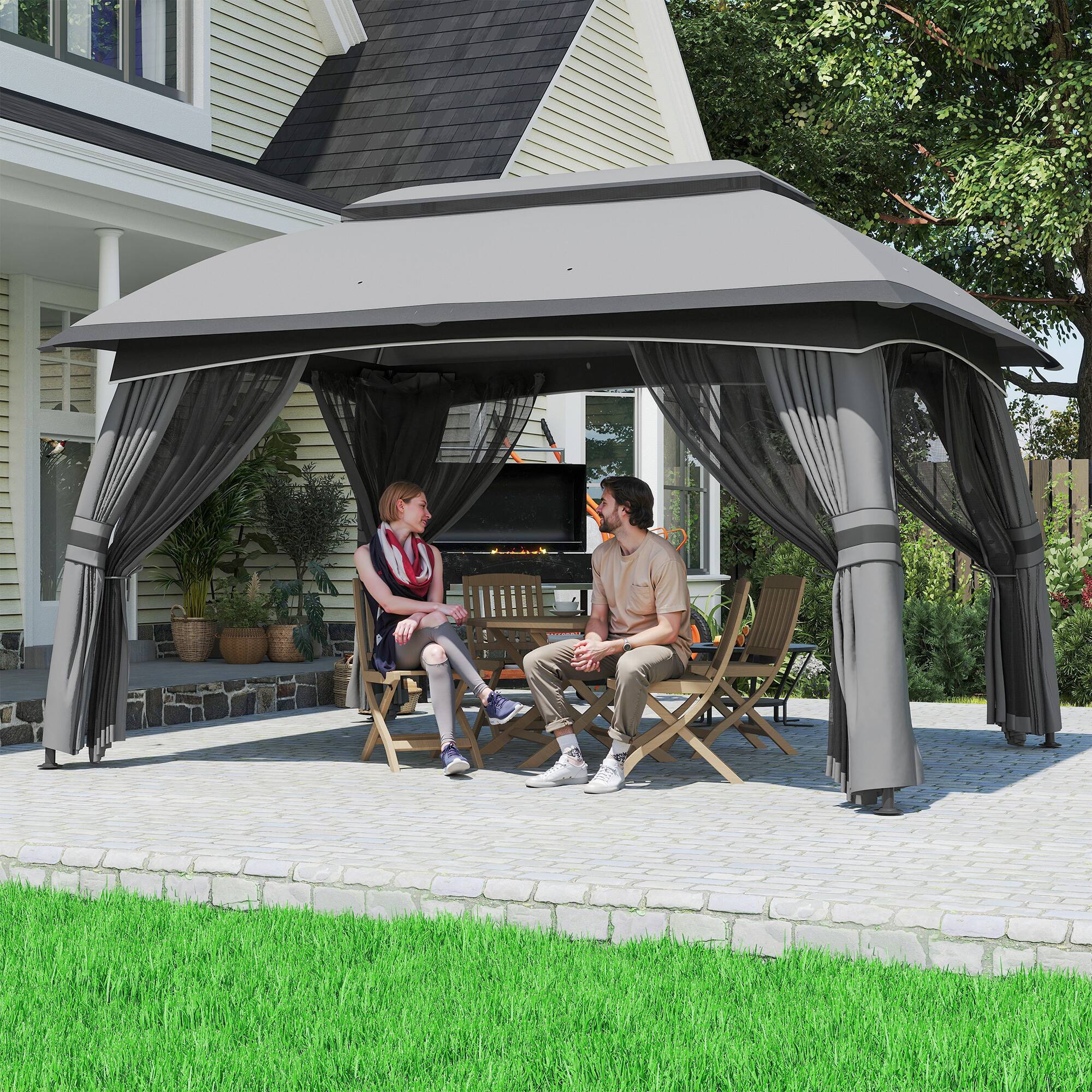 Angle. Outsunny - Patio Gazebo, Outdoor Gazebo Canopy Shelter with Netting, Vented Roof, Steel Frame for Garden, Lawn - Dark Gray.