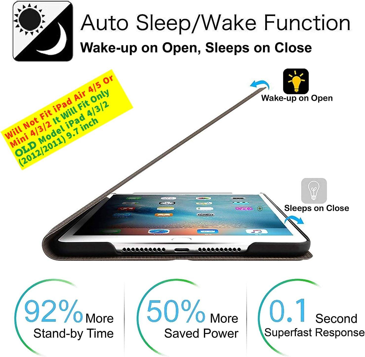 Auto Sleep/Wake Function  
Wake-up on Open, Sleeps on Close  

Will Not Fit iPad Air 4/5 Or Mini 4/3/2 It Will Fit iPad 4/3/2 Model 9.7 inch (2012/2011)  

92% More Stand-by Time  
50% More Saved Power  
0.1 Second Superfast Response