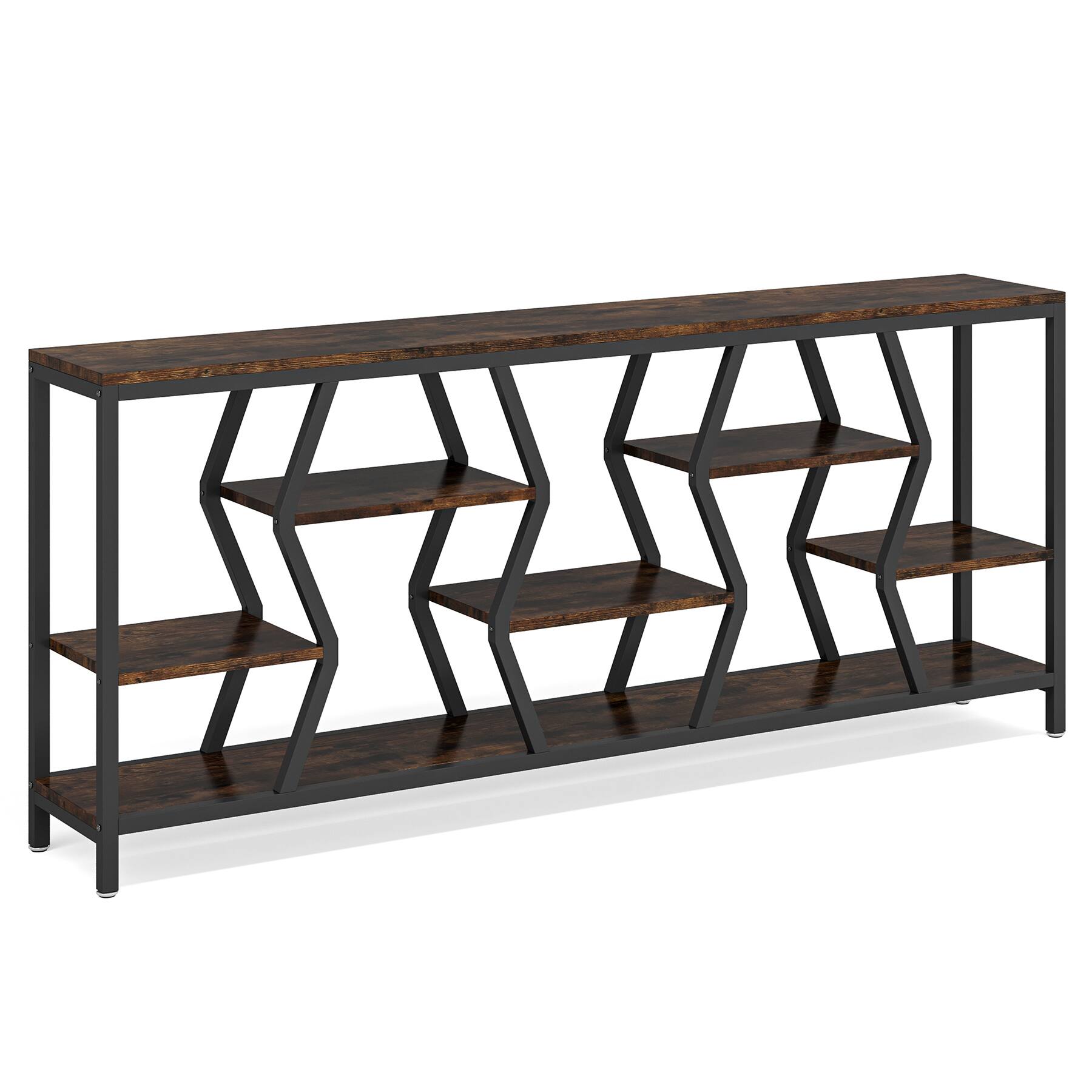 Angle. TinyHomie - 70.9 Inches Sofa Console Table with 4 Tier Wood Storage Shelves Industrial Extra Long Narrow Entryway Accent Tables - Rustic Brown.