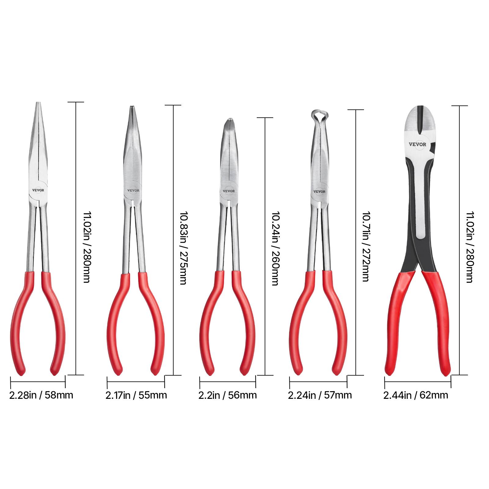 VEVOR  
11.02in / 280mm  
NET 10.83in / 275mm  
TEVO 10.24in / 260mm  
TETOR 10.71in / 272mm  
11.02in / 280mm  
2.28in / 58mm  
2.17in / 55mm  
2.2in / 56mm  
2.24in / 57mm  
2.44in / 62mm