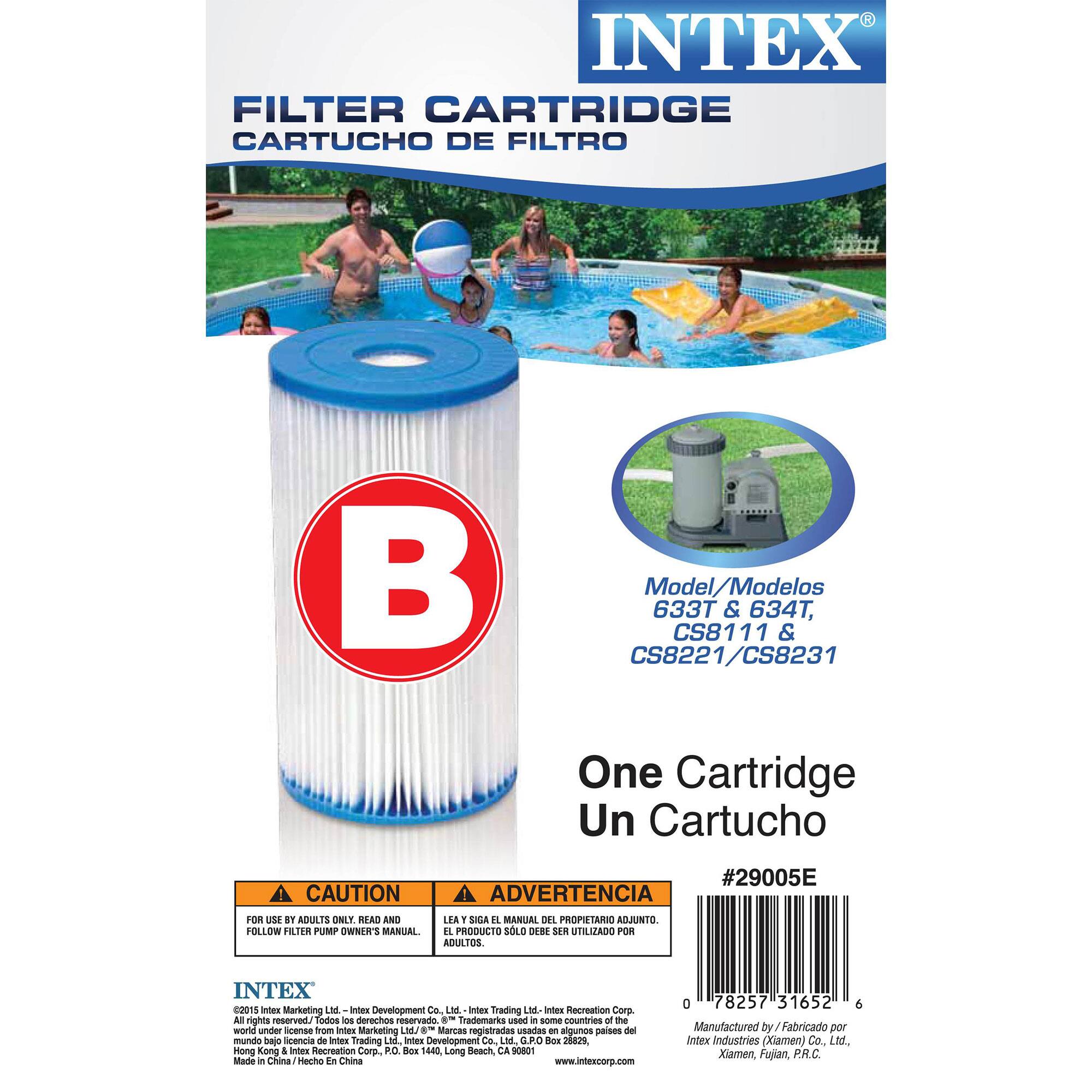 **INTEX FILTER CARTRIDGE**  
**CARTUCHO DE FILTRO**

**Model/Modelos**  
633T & 634T, CS8111 & CS8221/CS8231

**One Cartridge**  
**Un Cartucho**

**CAUTION**  
**ADVERTENCIA**  
FOR USE BY ADULTS ONLY. READ AND FOLLOW FILTER PUMP OWNER'S MANUAL.  
**LEA 1 MANUAL DEL PROPIETARIO ADJUNTO. H PRODUCTO SOLO DERE S UTILIZADO POR ADULTOS.**

**INTEX**  
2011 - INTEX Marketing Ltd. - INTEX Development Co. Ltd. - INTEX Trading Ltd.  
All rights reserved. Trademarks used - registered in some countries - under license from INTEX Marketing Ltd.  
Hong Kong & INTEX Recreation Corp.  
Made in China / Hecho en China  
www.intexcorp.com

**#29005E**

**INTEX**  
2011 - INTEX Marketing Ltd. - INTEX Development Co. Ltd. - INTEX Trading Ltd.  
All rights reserved. Trademarks used - registered in