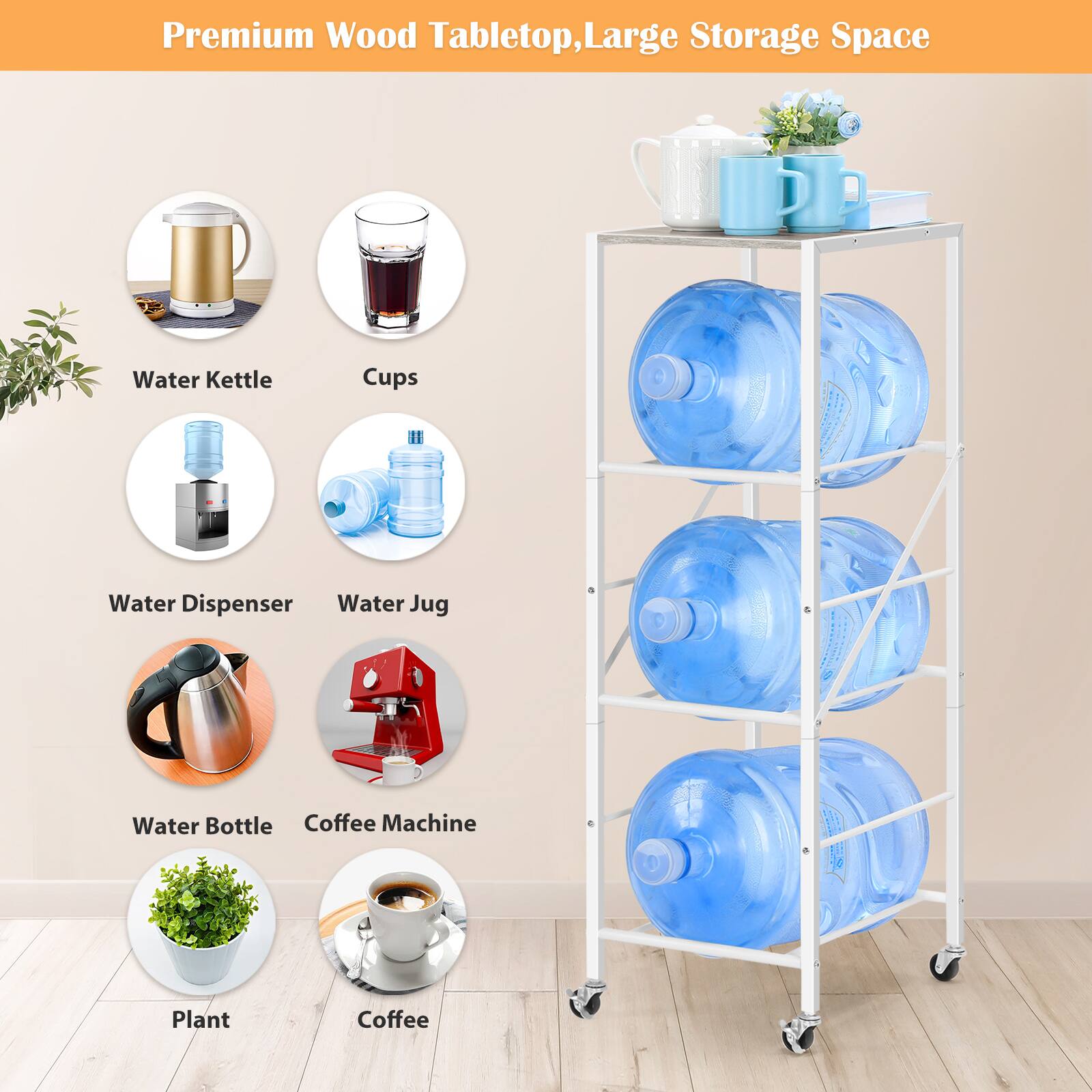 Premium Wood Tabletop, Large Storage Space

- Water Kettle
- Cups
- Water Dispenser
- Water Jug
- Water Bottle
- Coffee Machine
- Plant
- Coffee