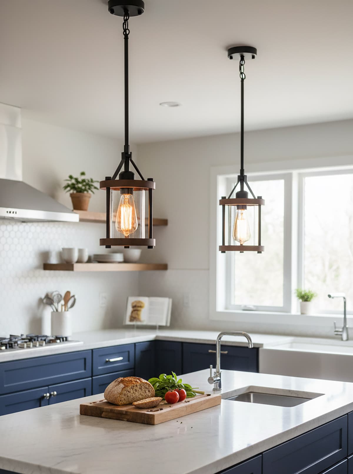 Alt View 3. FINEAK - Farmhouse Rustic Walnut Wood & Metal Cage Pendant Lights - 2 Pack with Glass Shade, Adjustable Hanging Fixtures - Brown.