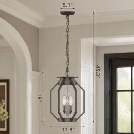 RYHNUYNE - 3-Light 18 In Oil Rubbed Bronze Outdoor Hanging Lantern, Iron Geometric Frame Seeded Glass Industrial Style - Black