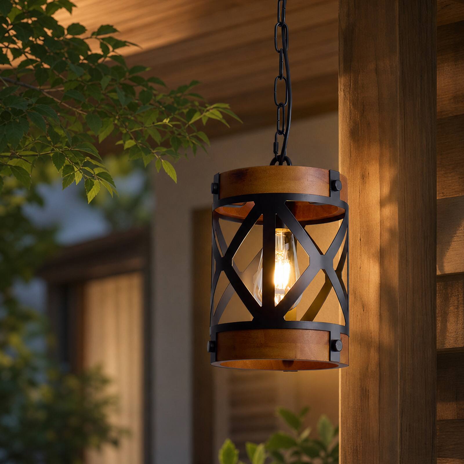 Left. Siljoy - 7-In Industrial Cage Pendant Light Black Wood Grain Lantern E26 Adjustable Height Kitchen Dining Entryway - Brown.
