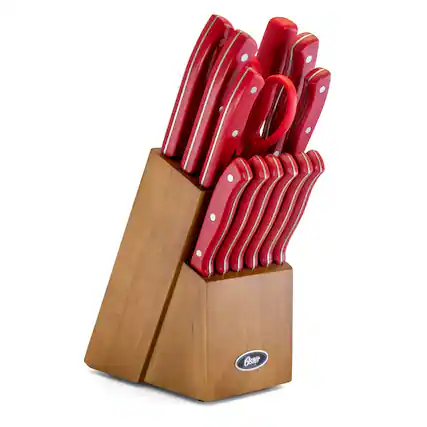 Front. Oster - Oster Evansville 14 Piece Stainless Steel Cutlery Set with Red Handles - Red.