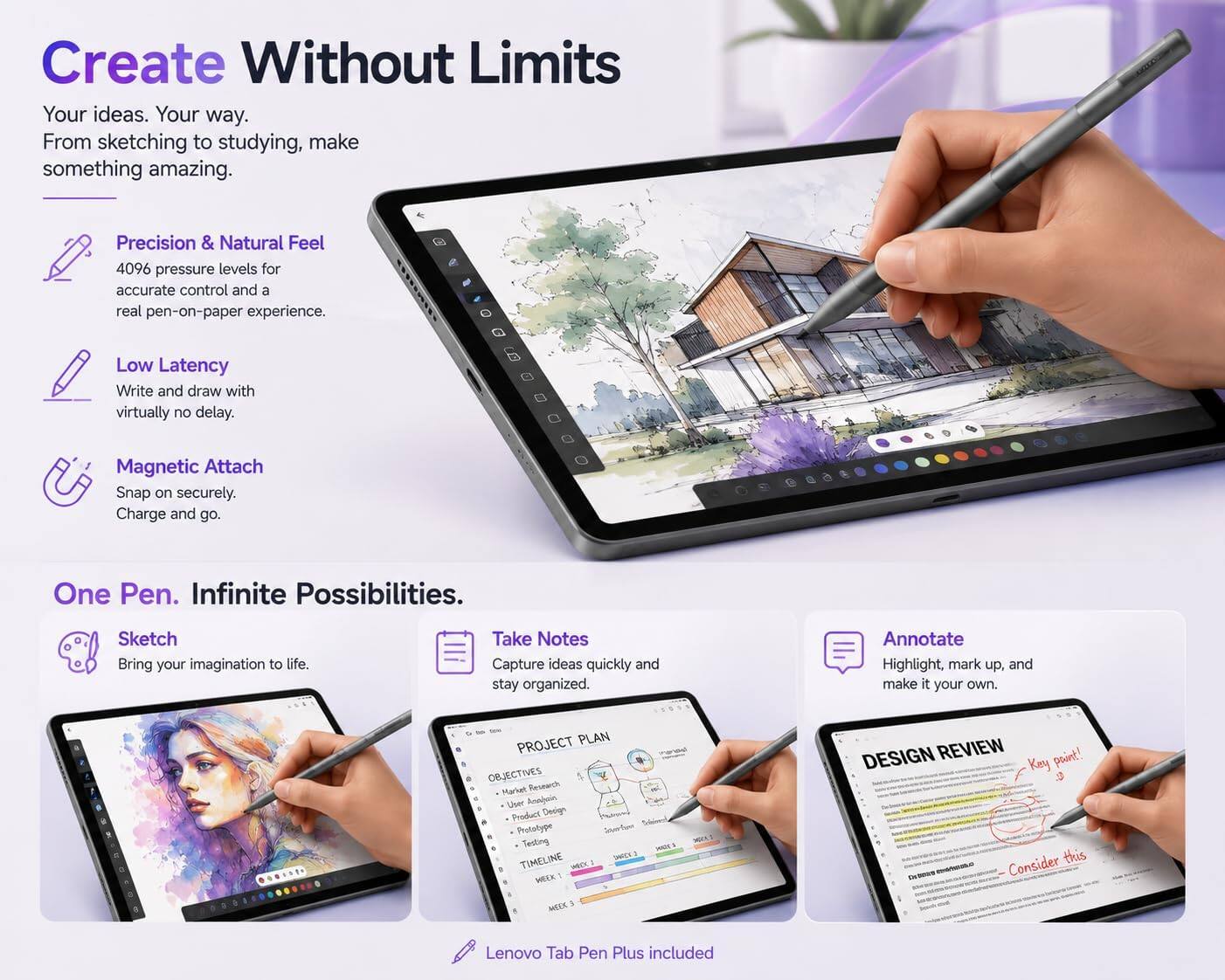Create Without Limits  
Your ideas. Your way.  
From sketching to studying, make something amazing.

Precision & Natural Feel  
4096 pressure levels for accurate control and a real pen-on-paper experience.

Low Latency  
Write and draw with virtually no delay.

Magnetic Attach  
Snap on securely. Charge and go.

One Pen. Infinite Possibilities.

Sketch  
Bring your imagination to life.

Take Notes  
Capture ideas quickly and stay organized.

Annotate  
Highlight, mark up, and make it your own.

PROJECT PLAN  
OBJECTIVES  
- Market Research  
- User Analysis  
- Product Design  
- Prototype Testing  

TIMELINE  
WEEK 1  
WEEK 2  
WEEK 3  

DESIGN REVIEW  
Key this  
Consider this

Lenovo Tab Pen Plus included