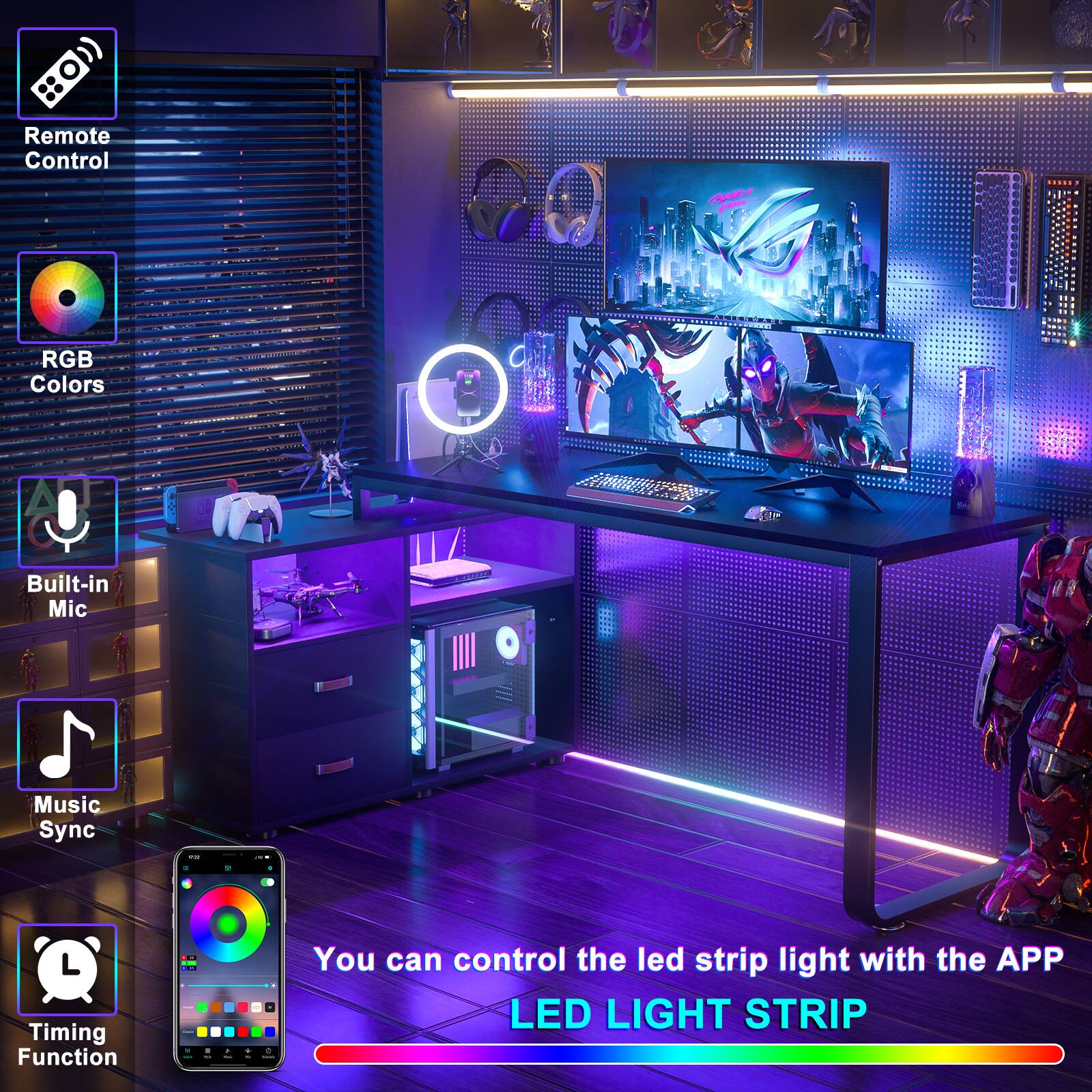 Remote Control  
RGB Colors  
Built-in Mic  
Music Sync  
Timing Function  

You can control the LED strip light with the APP  
LED LIGHT STRIP
