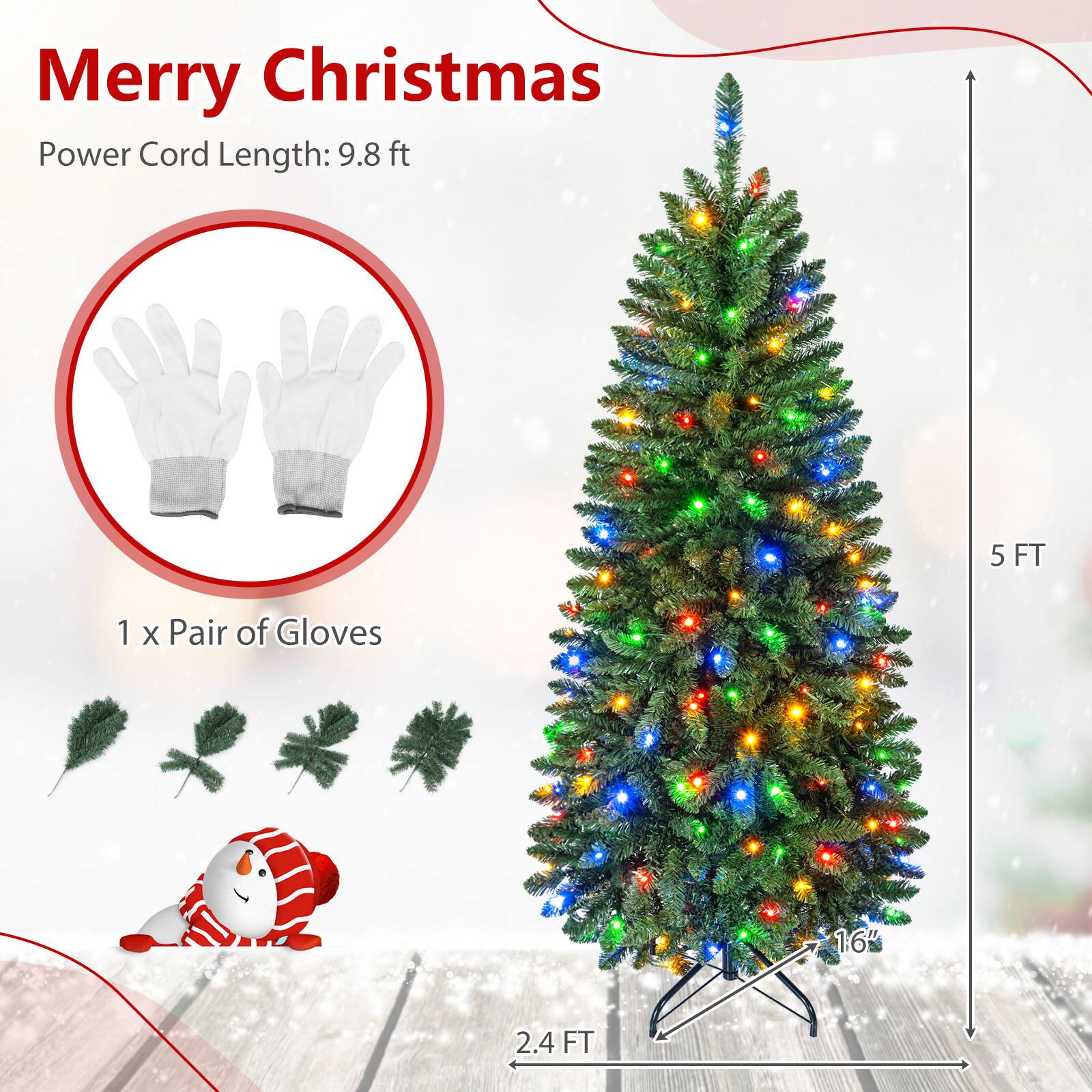Costway 5 FT Pencil Christmas Tree with 504 Full Branch Tips, 170 LED ...