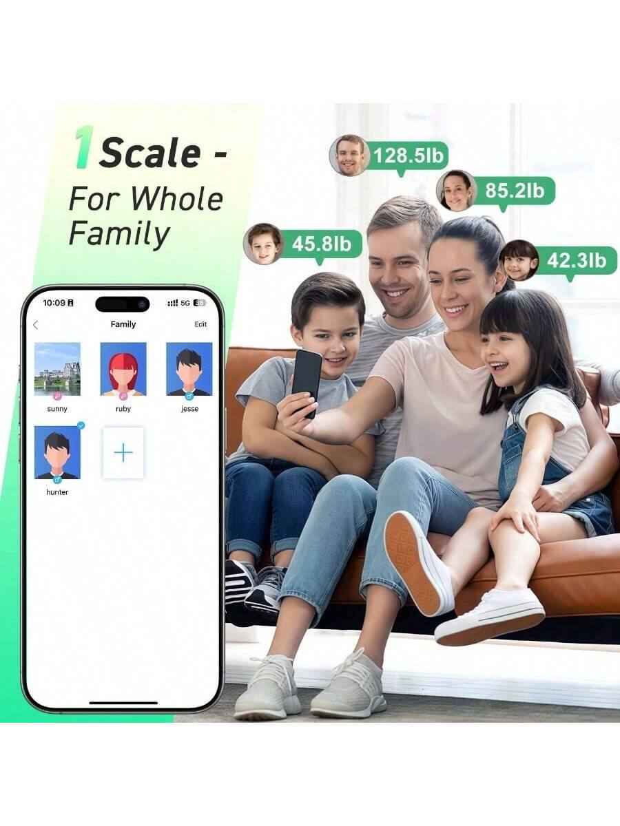 1 Scale - For Whole Family

128.5lb  
45.8lb  
85.2lb  
42.3lb  

10:09  
5G  

Family Edit  

sunny  
ruby  
jesse  
hunter