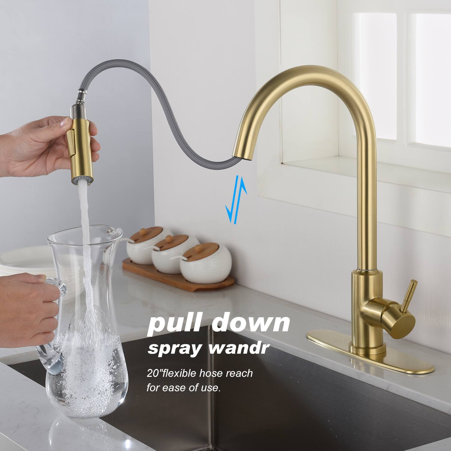 pull down spray wand  
20" flexible hose reach for ease of use.