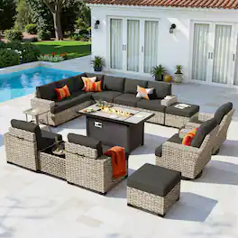 Ovios - 15 PCS Patio Furniture Sofa Set Sectional Couch with Swivel Chair, 54" Fire Pit Table & Ottoman - Black