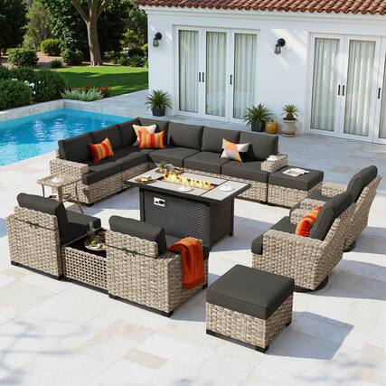 Front. Ovios - 15 PCS Patio Furniture Sofa Set Sectional Couch with Swivel Chair, 54" Fire Pit Table & Ottoman - Black.