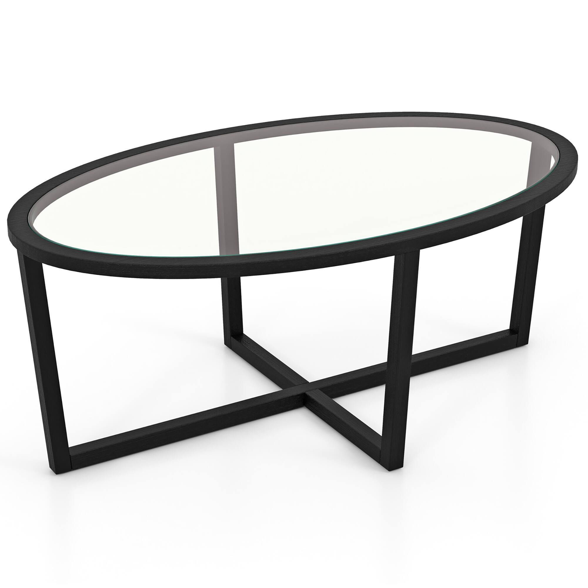Alt View 9. Gymax - Gymax Modern Glass Coffee Table w/ Cross Base & Acacia Wood Legs for Small Spaces - Black.
