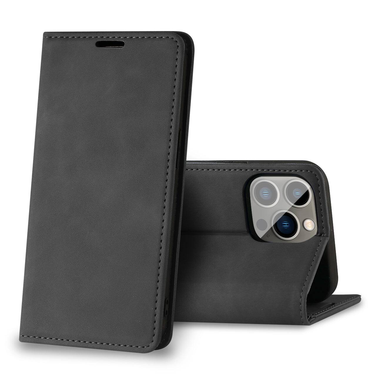 Front. Reiko - Magnetic Wallet  Leather Phone Case For Apple Iphone 13 Pro (Black) - Black.