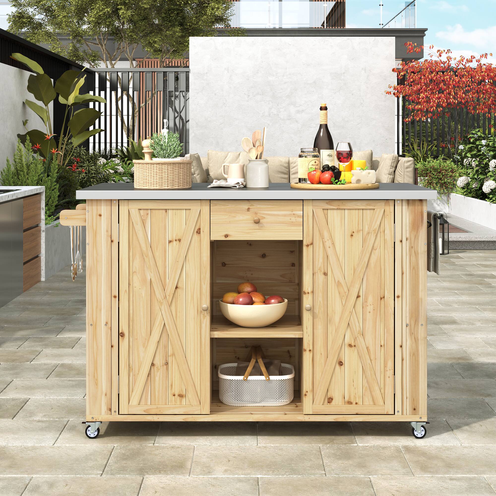 Left. Mondawe - Fir Wood Outdoor Kitchen Island with Stainless Steel Top, Towel and Spice Racks and a Bottle Opener - Natural Wood.