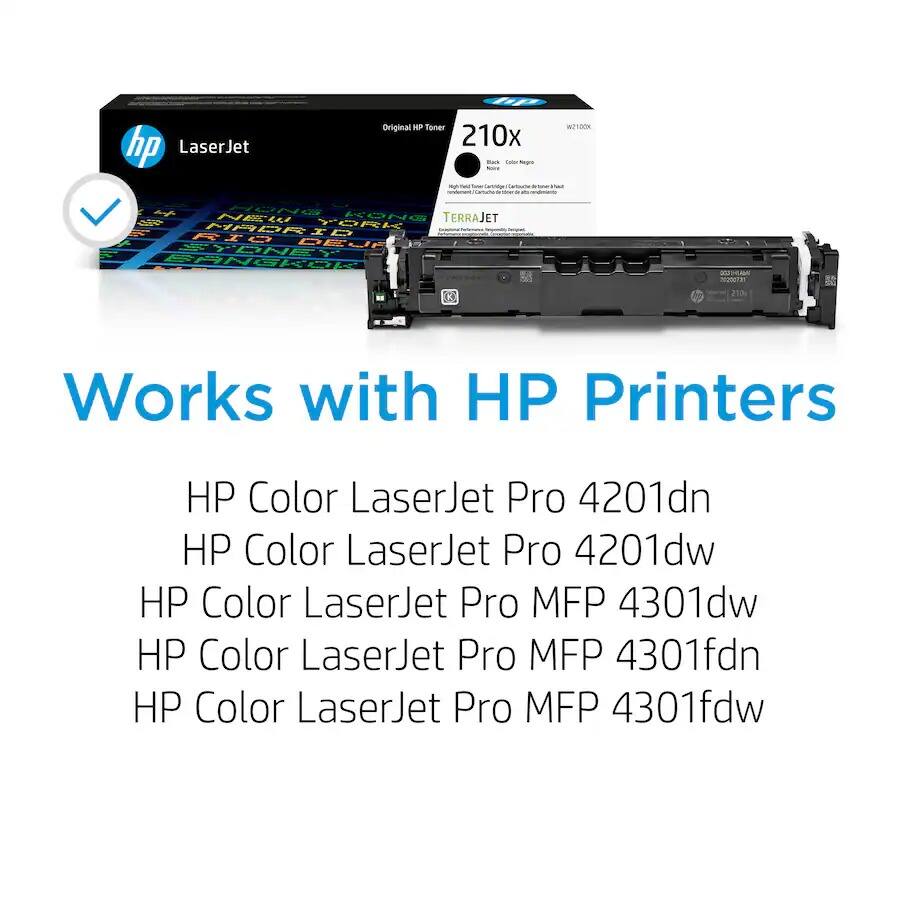 hp LaserJet Original HP Toner 210x -o. i egrs - - - - - a foo  ~ KONe TERRAJET HECL Aa YORH MABr TD RIg DE STANEY SPNCRel STAN mamia Works with HP Printers HP Color LaserJet Pro 4201dn HP Color LaserJet Pro 4201dw HP Color LaserJet Pro MFP 4301dw HP Color LaserJet Pro MFP 4301fdn HP Color LaserJet Pro MFP 4301fdw