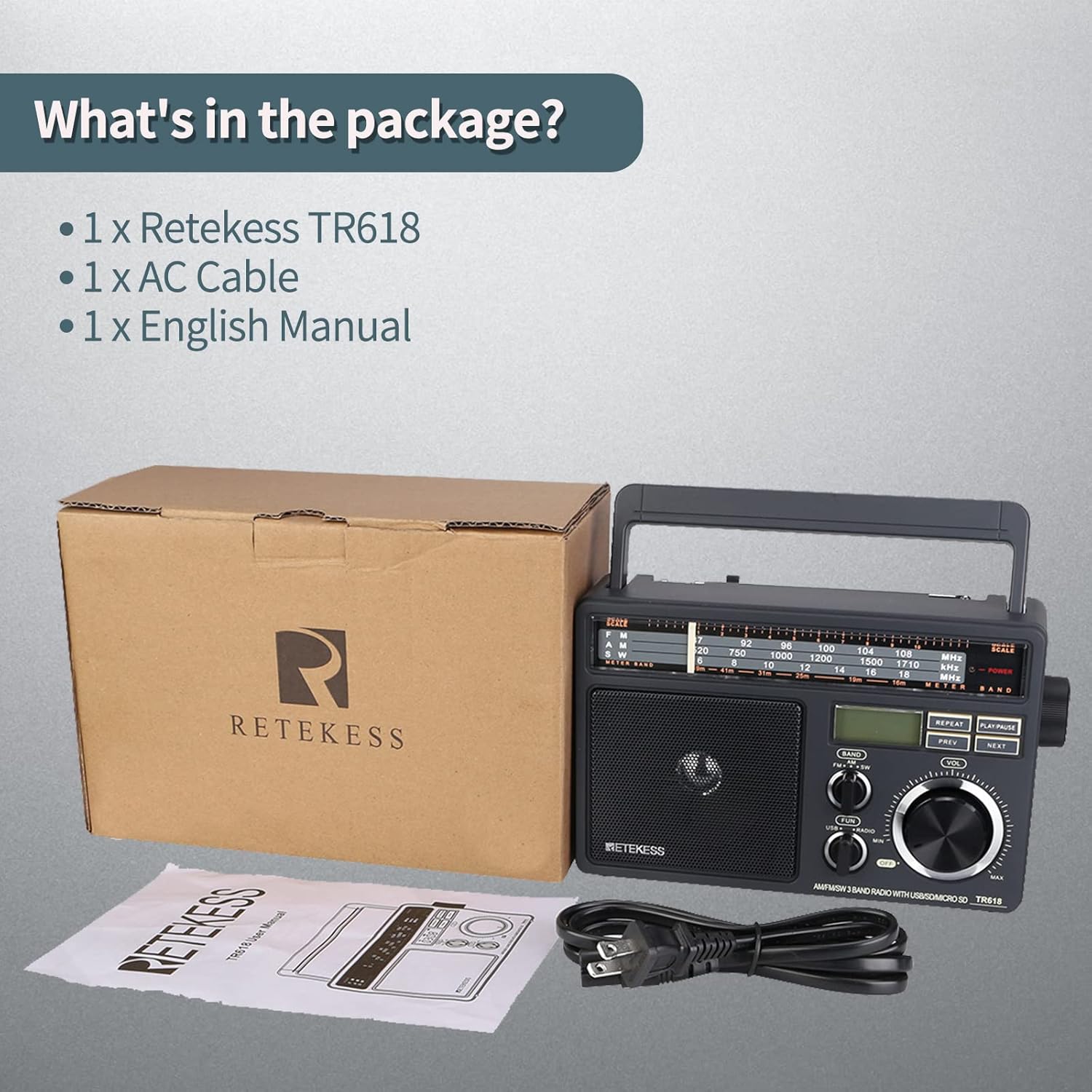 What's in the package?  
1 x Retekeess TR618  
1 x AC Cable  
1 x English Manual