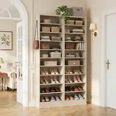 Front. Aheaplus - 79.5'' Tall 10-Tier Freestanding Wooden Shoe Rack Tower with 2 Hooks, 2 Packs - Beige Oak.