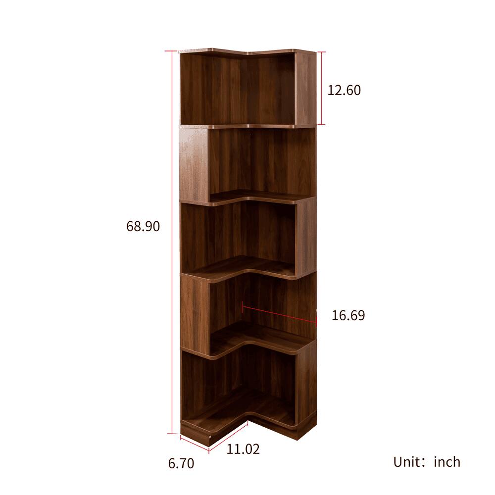 Alt View 6. Kadyn - Corner Book Shelf - 5 Tier Corner Bookcase with Baffle, Freestanding L Shaped Display Shelf Stand for Office, Brown - Brown.