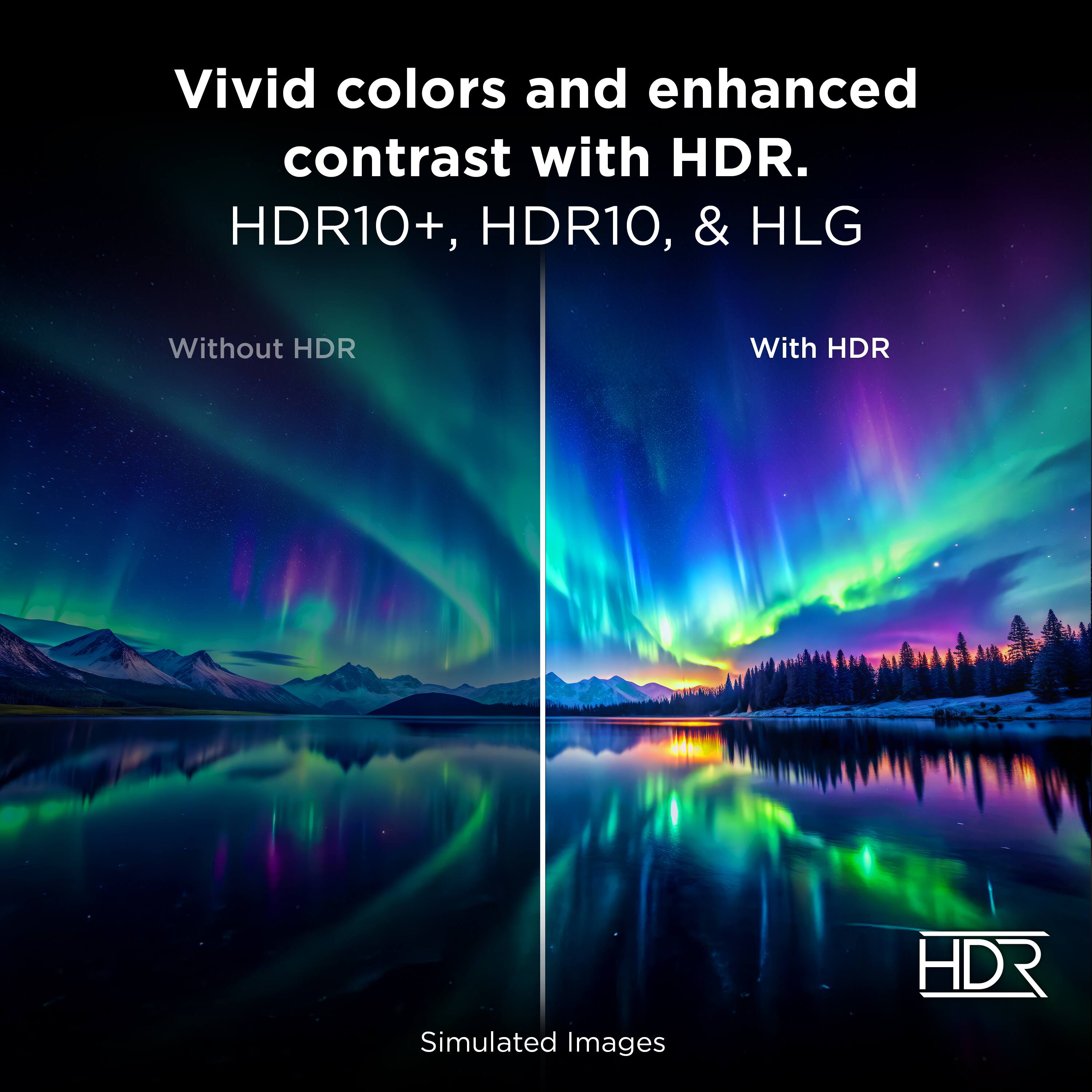 Vivid colors and enhanced contrast with HDR.  
HDR10+, HDR10, & HLG  

Without HDR  
With HDR  

Simulated Images