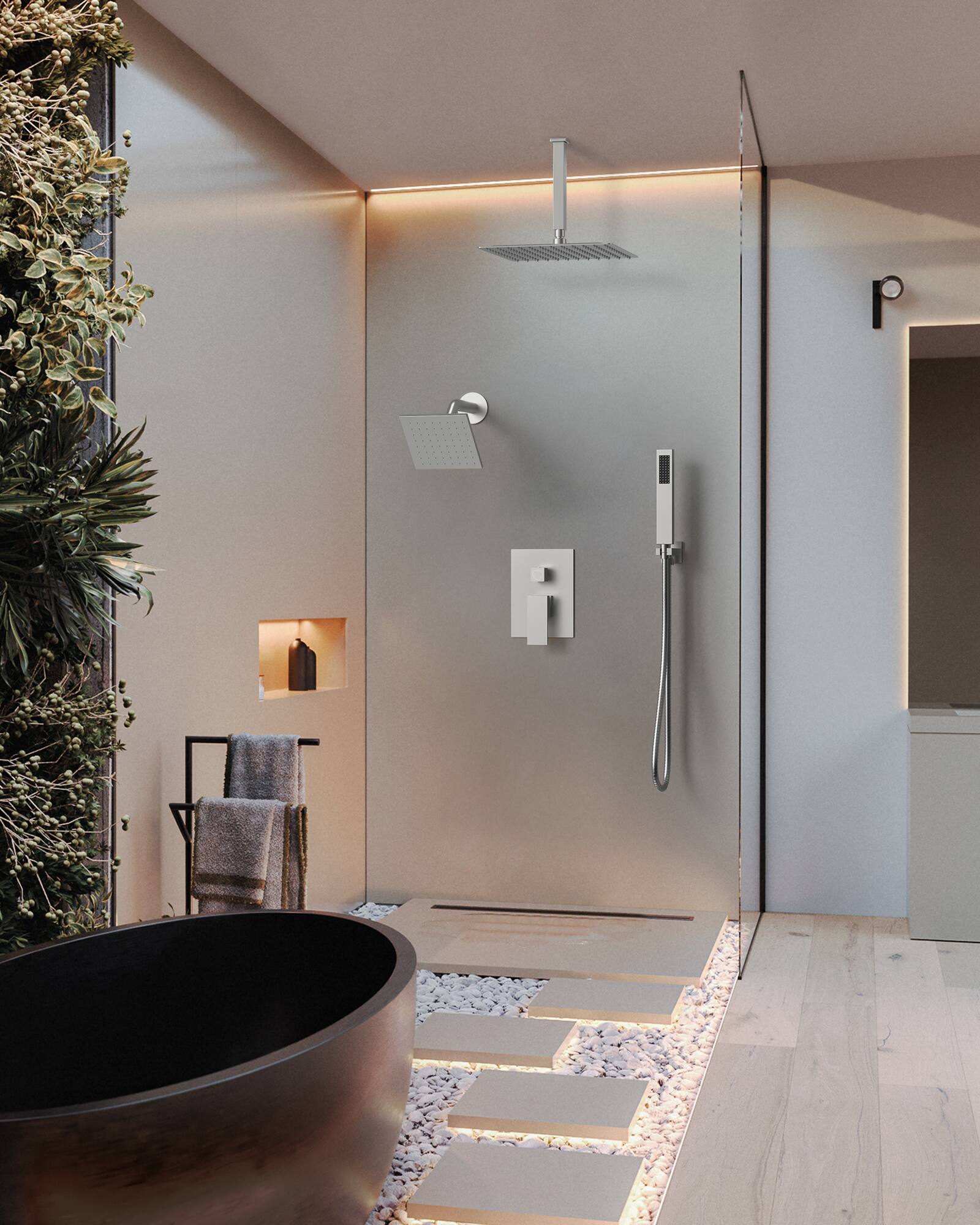 Alt View 7. GRANDJOY - Dual Shower System with 10" Ceiling Rain Head, Handheld Sprayer, and Pressure Balance Valve for Modern Bathroom - Brushed Nickel.