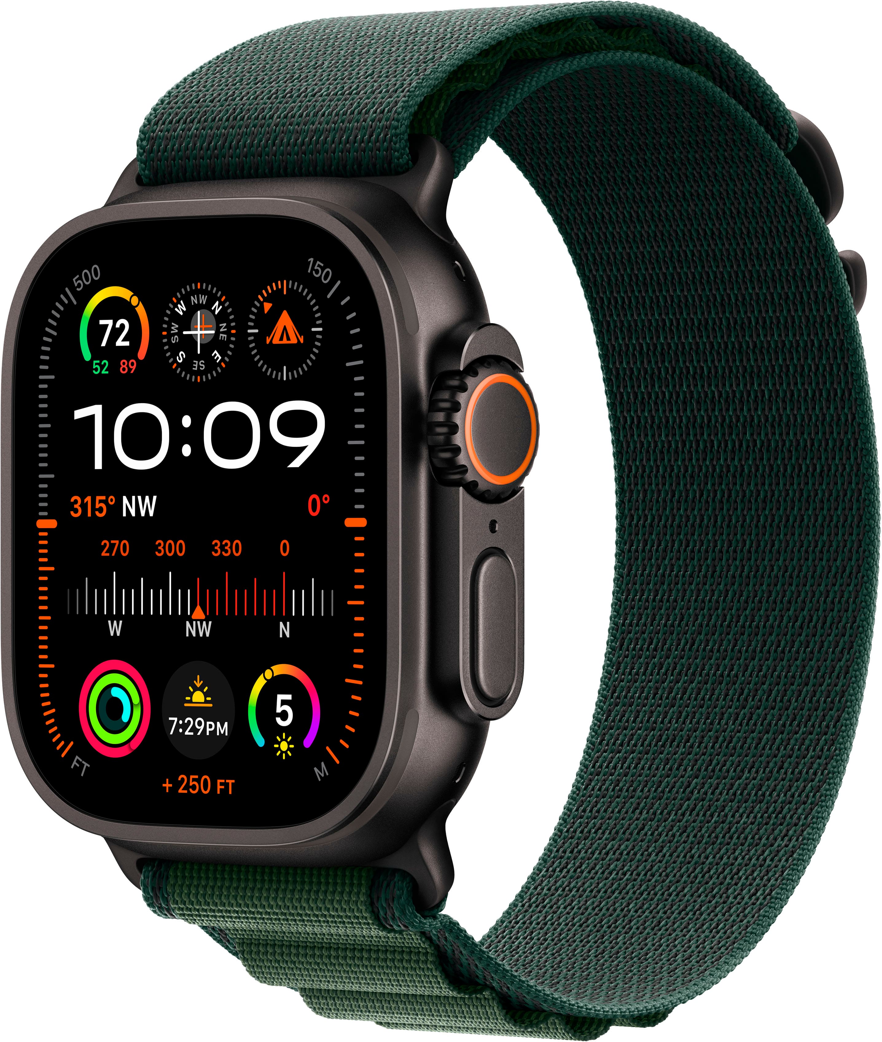 The image shows a watch with a green band and a black face. The watch displays the time as 10:09. The watch also has a compass feature, indicating the direction of North, South, East, and West. The compass is currently pointing to the Northwest. The watch also shows the altitude, which is currently at 315 feet.