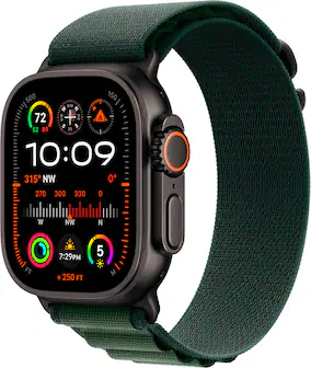 The image shows a watch with a green band and a black face. The watch displays the time as 10:09. The watch also has a compass feature, indicating the direction of North, South, East, and West. The compass is currently pointing to the Northwest. The watch also shows the altitude, which is currently at 315 feet.