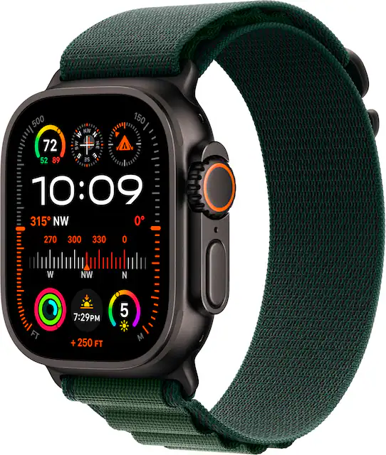 Apple Watch Ultra 2 GPS Cellular 49mm Titanium Case with Dark Green Alpine Loop Medium Black 2024 MX4R3LW A Best Buy