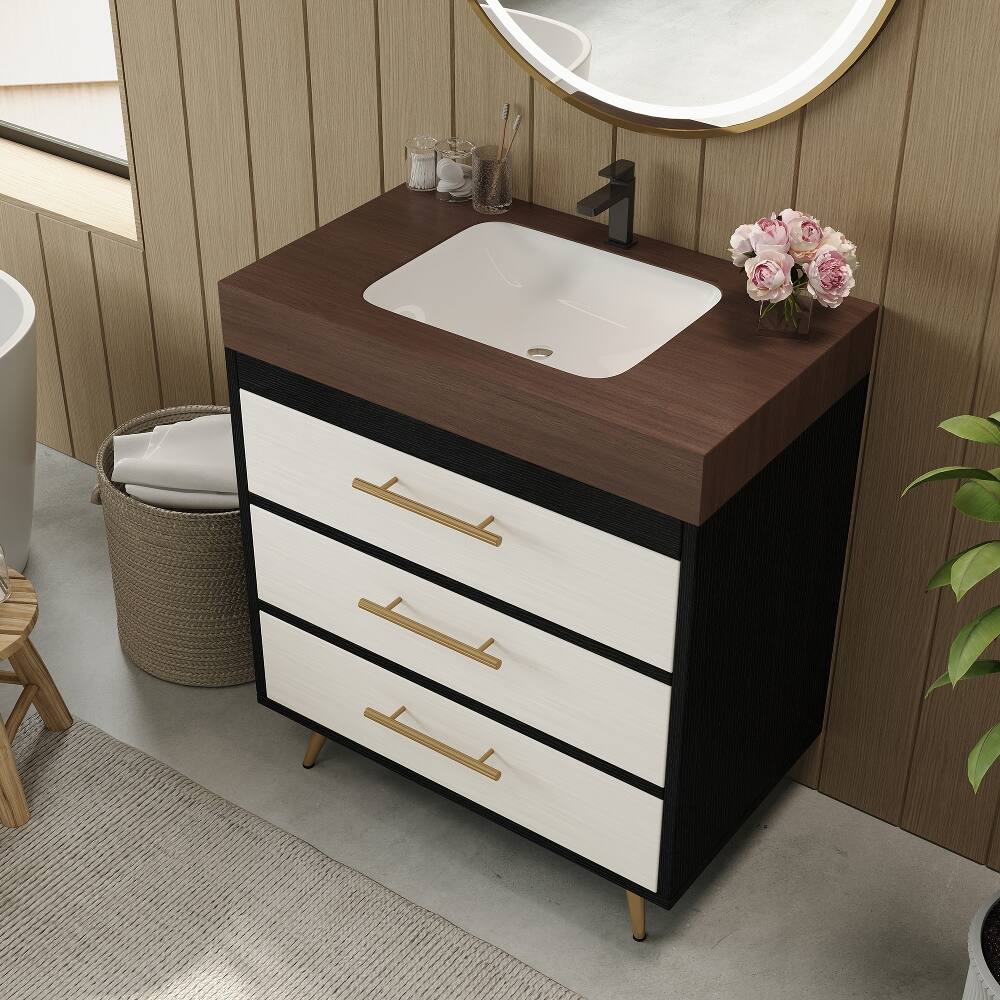 Alt View 2. Loheer - Loheer 29.9 inch freestanding bathroom vanity with ceramic vessel sink sintered stone top white and walnut - White and Walnut.