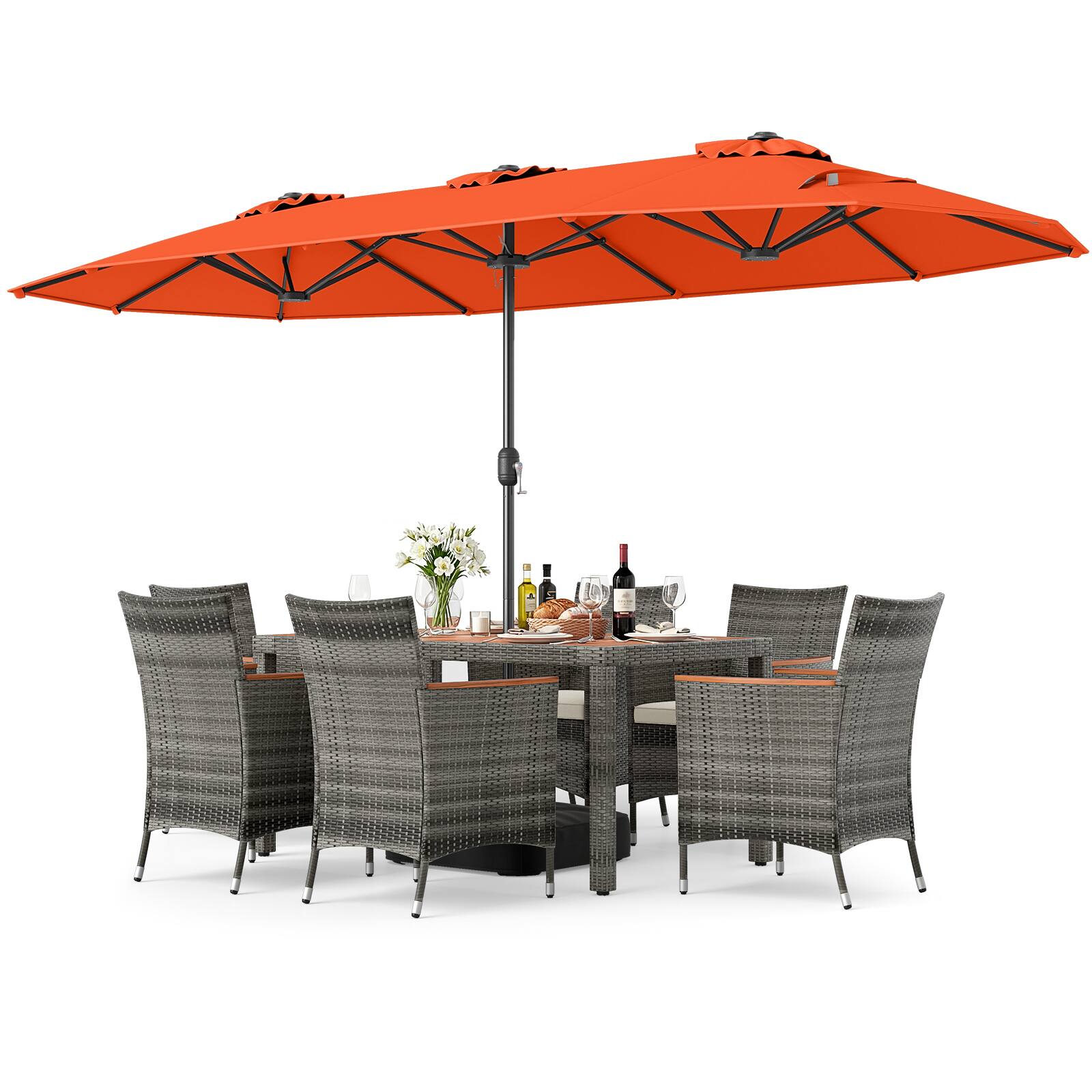Alt View 5. Gymax - Gymax 8-Piece Patio Dining Set w/ Double-Sided Market Umbrella Acacia Wood Top Orange - Orange.