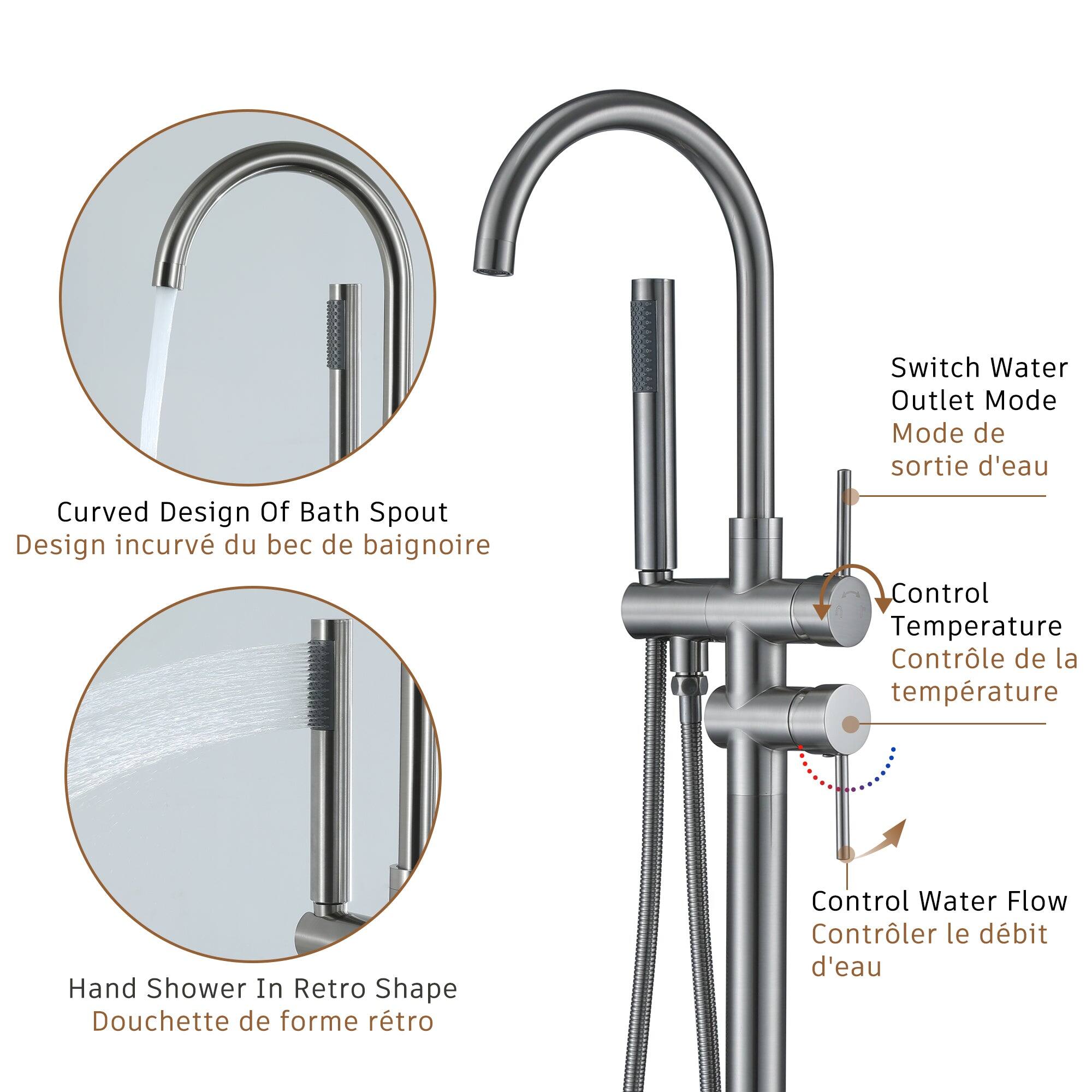 Switch Water Outlet Mode - Design incurvé du bec de baignoire - Control Temperature - Control Water Flow - Hand Shower In Retro Shape