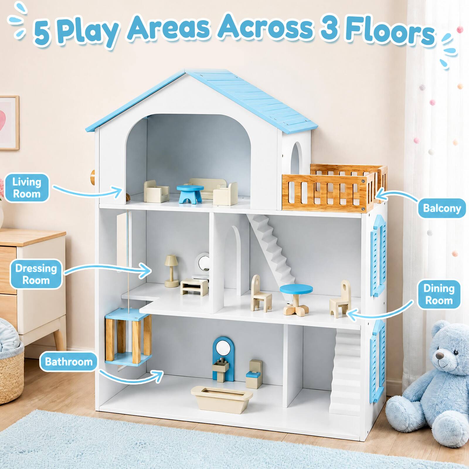 5 Play Areas Across 3 Floors

Living Room
Balcony
Dressing Room
Dining Room
Bathroom