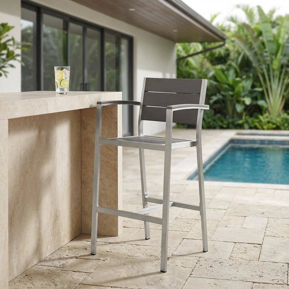 Left. Outdoor Escape - Aluminum Outdoor Bar Stool With Armrests And Back Support For Patio Lounge - Gray.