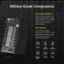 TUF Military-Grade Components:

1. TUF Chokes & MOSFETs: Certified military-grade TUF chokes and MOSFETs deliver rock-solid power to the GPU, which can help improve system stability.
2. TUF Capacitors: TUF 5K black metallic capacitors provide 52% wider temperature tolerance and a 2.5X longer lifespan than standard capacitors.
3. Vibration: High and low temperature vibration tests ensure that the components can withstand harsh conditions.
4. Temperature: TUF components are tested in extreme temperatures to ensure their durability and performance.
5. Humidity: Salt fog testing simulates real-world conditions to ensure the components can withstand humidity and corrosion.
6. Shock: TUF components are subjected to shock tests to ensure they can withstand accidental drops and impacts.