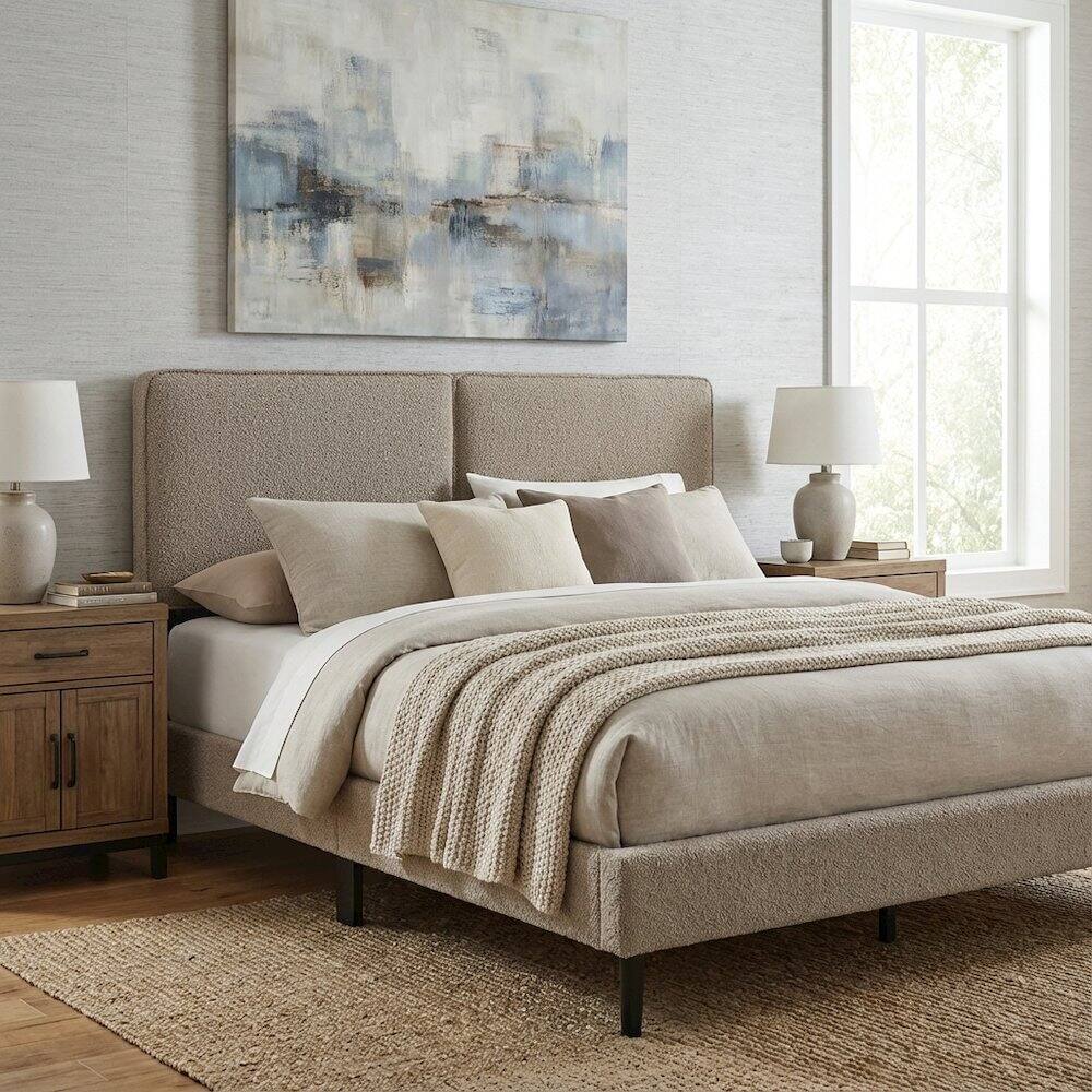 Left. FurniFact - Boucle Fabric Queen Headboard in Soft Neutral with Padded Upholstery - Beige.