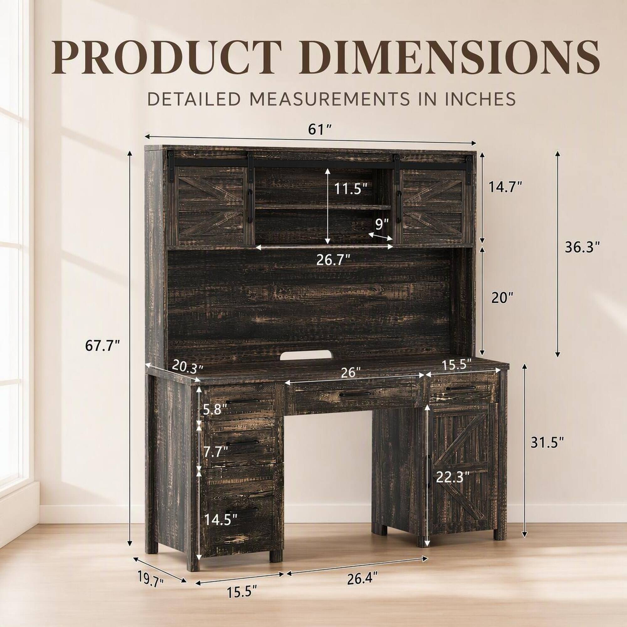 PRODUCT DIMENSIONS  
DETAILED MEASUREMENTS IN INCHES

- 61"
- 11.5"
- 14.7"
- 26.7"
- 9"
- 36.3"
- 20"
- 67.7"
- 20.3"
- 26"
- 15.5"
- 5.8"
- 7.7"
- 31.5"
- 22.3"
- 14.5"
- 19.7"
- 15.5"
- 26.4"