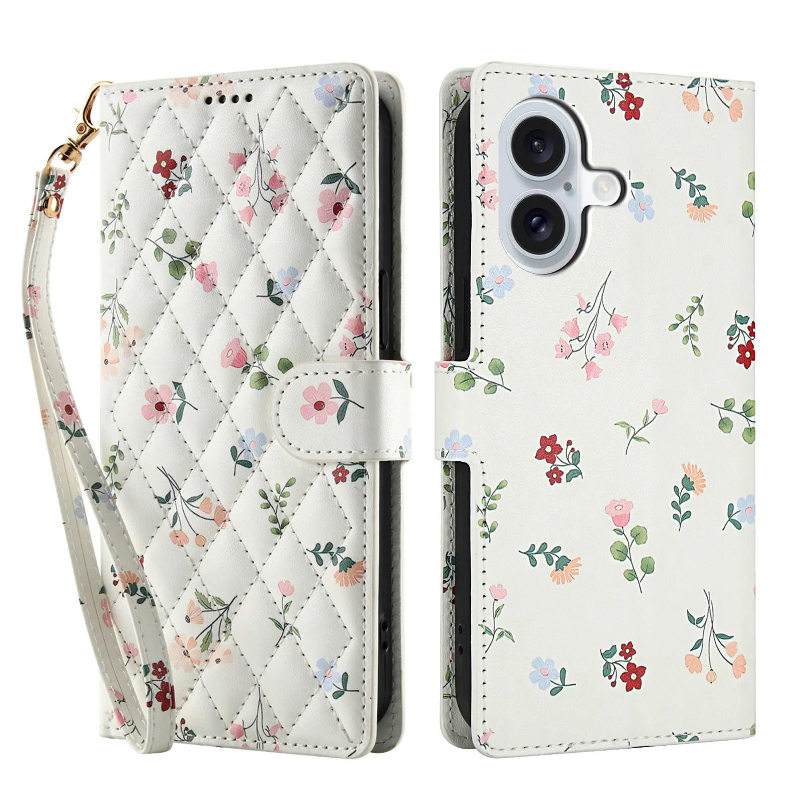 Angle. Dteck - Floral Wallet Case for Apple iPhone 17 with Card Slots Wrist Strap, Premium PU Leather Shockproof Protective Flip Cover - A.