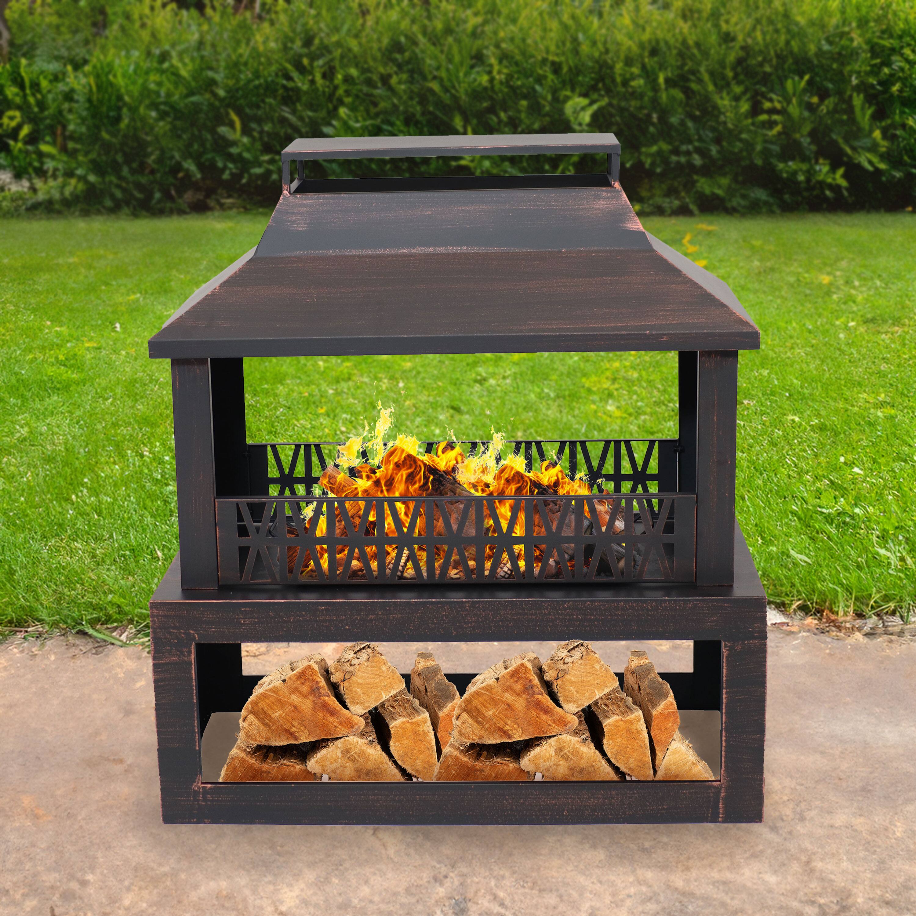 Alt View 1. Sunnydaze - 32 in Steel Outdoor Fireplace with Log Storage - Bronze.