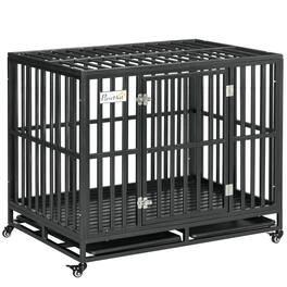 Pawhut - Heavy Duty Metal Dog Crate Kennel & Cage Playpen, with Lockable Wheels, Anti-Pinching Floor, 41" x 29.5" x 35"