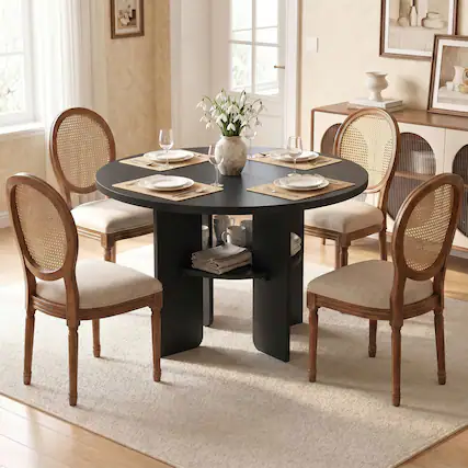 Front. Bestier - Modern Dining Table with Built-in Storage, Metal-Wrapped Wood Legs, Stable Triangular Base - Black.