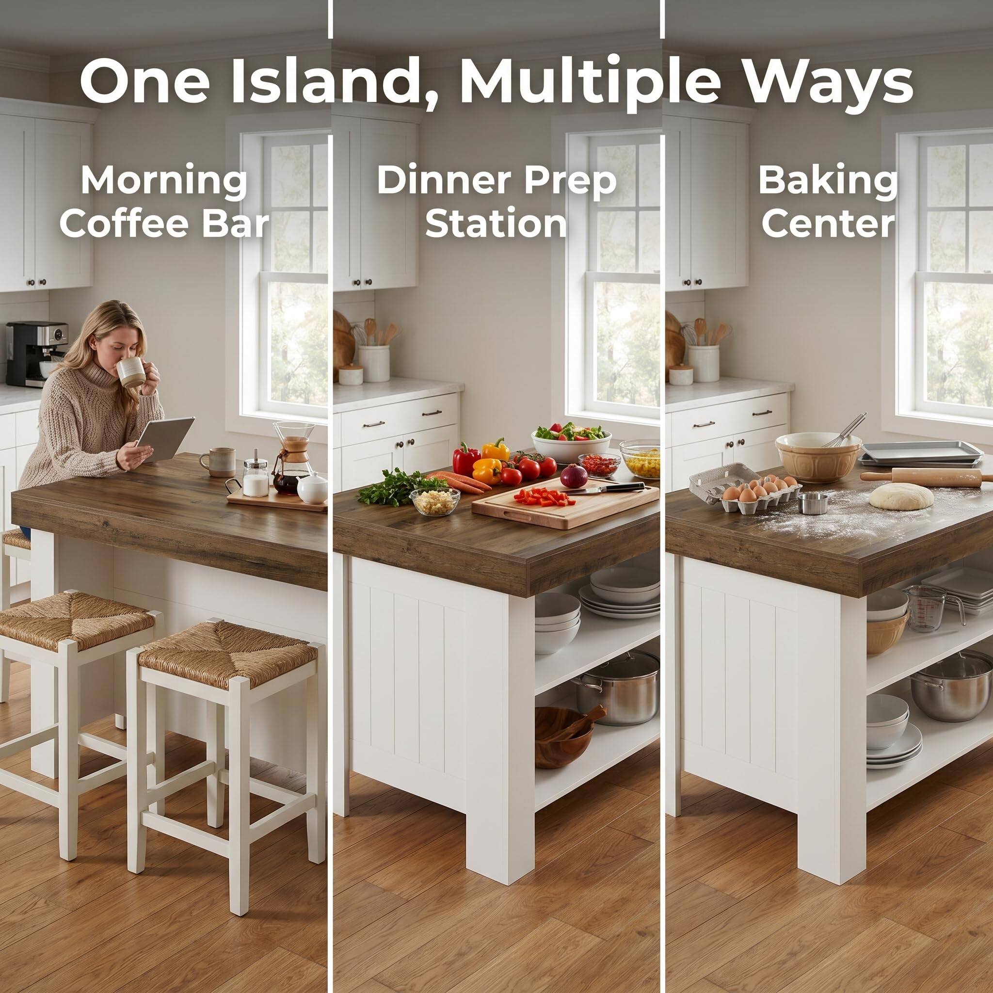 One Island, Multiple Ways  
Morning Coffee Bar  
Dinner Prep Station  
Baking Center